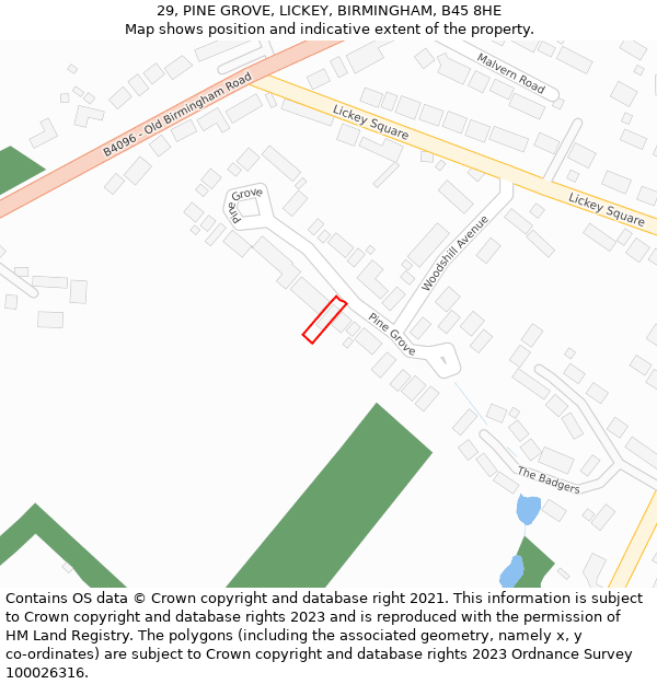 29, PINE GROVE, LICKEY, BIRMINGHAM, B45 8HE: Location map and indicative extent of plot