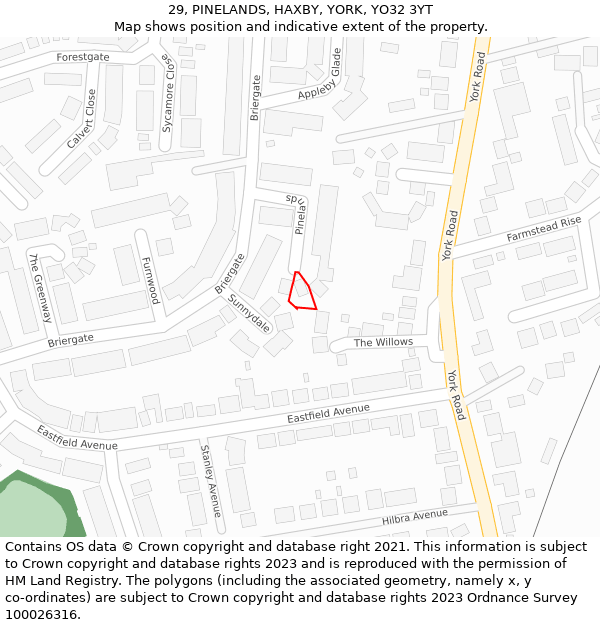 29, PINELANDS, HAXBY, YORK, YO32 3YT: Location map and indicative extent of plot