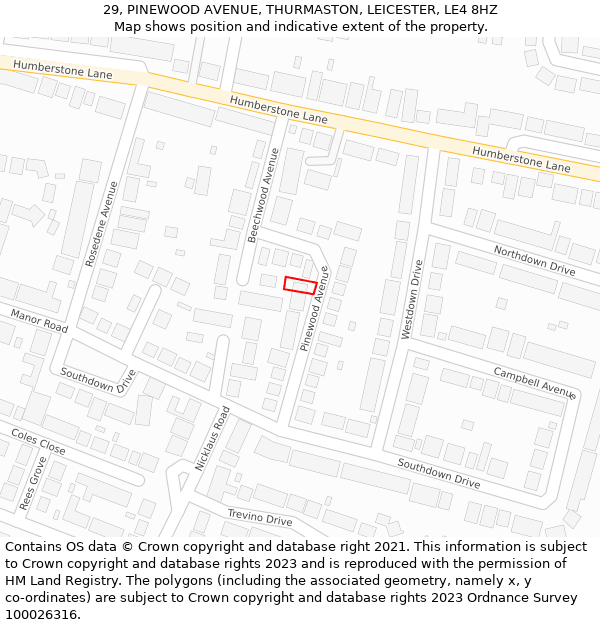 29, PINEWOOD AVENUE, THURMASTON, LEICESTER, LE4 8HZ: Location map and indicative extent of plot