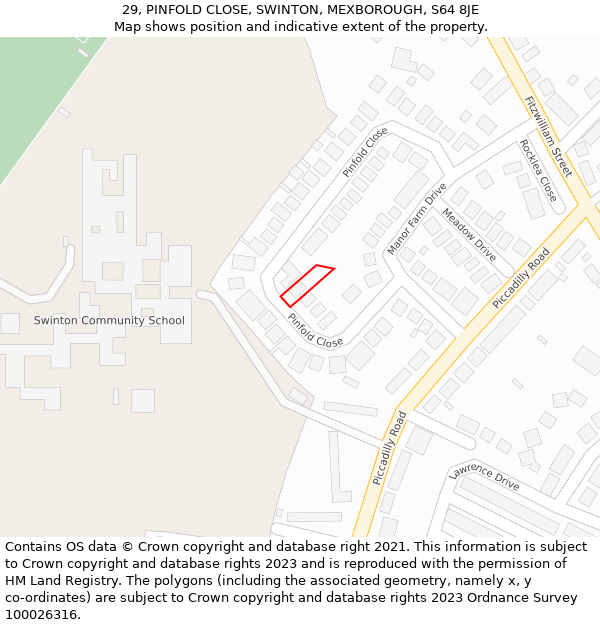 29, PINFOLD CLOSE, SWINTON, MEXBOROUGH, S64 8JE: Location map and indicative extent of plot