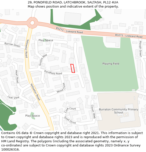 29, PONDFIELD ROAD, LATCHBROOK, SALTASH, PL12 4UA: Location map and indicative extent of plot