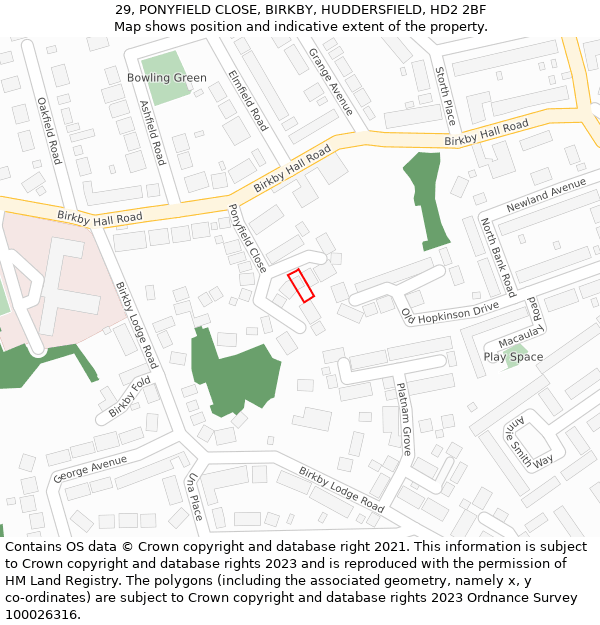 29, PONYFIELD CLOSE, BIRKBY, HUDDERSFIELD, HD2 2BF: Location map and indicative extent of plot