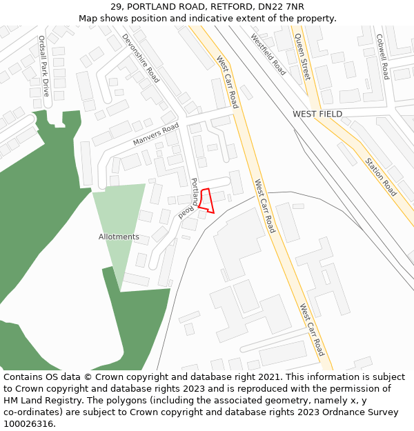 29, PORTLAND ROAD, RETFORD, DN22 7NR: Location map and indicative extent of plot