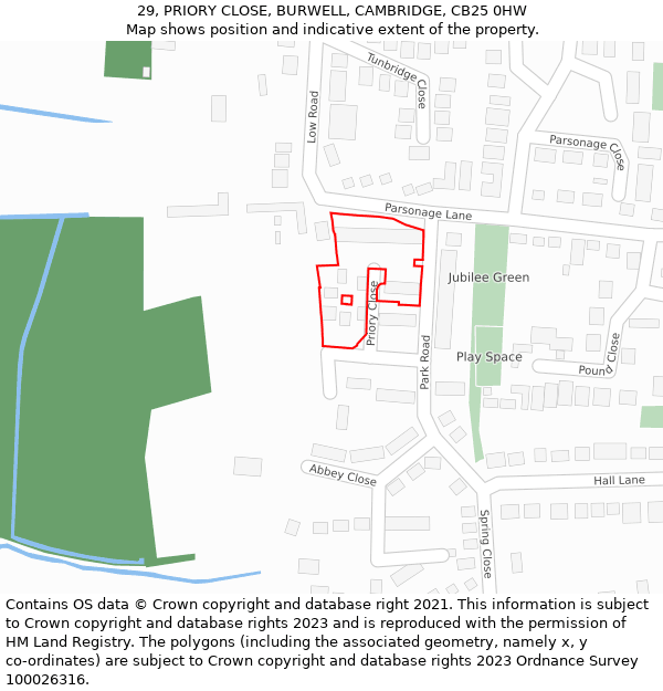 29, PRIORY CLOSE, BURWELL, CAMBRIDGE, CB25 0HW: Location map and indicative extent of plot