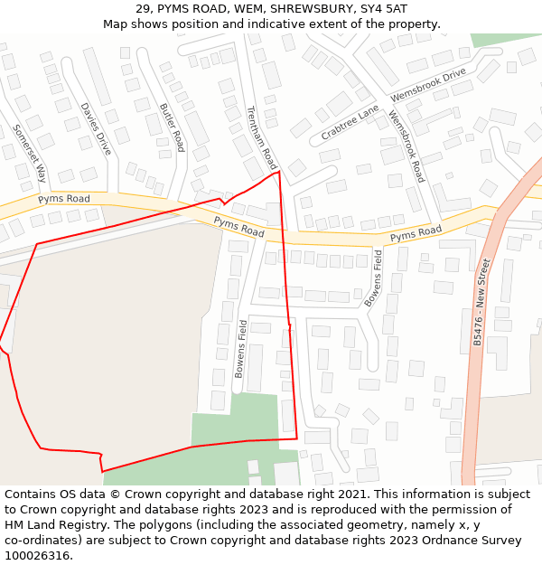 29, PYMS ROAD, WEM, SHREWSBURY, SY4 5AT: Location map and indicative extent of plot