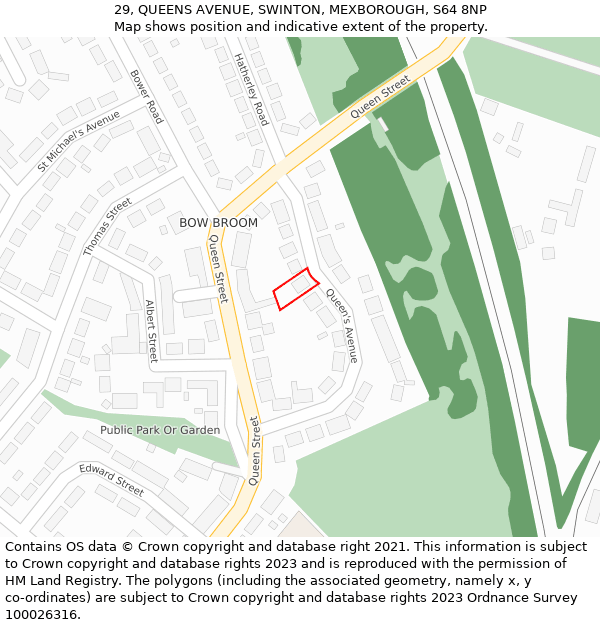 29, QUEENS AVENUE, SWINTON, MEXBOROUGH, S64 8NP: Location map and indicative extent of plot