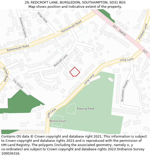 29, REDCROFT LANE, BURSLEDON, SOUTHAMPTON, SO31 8GS: Location map and indicative extent of plot