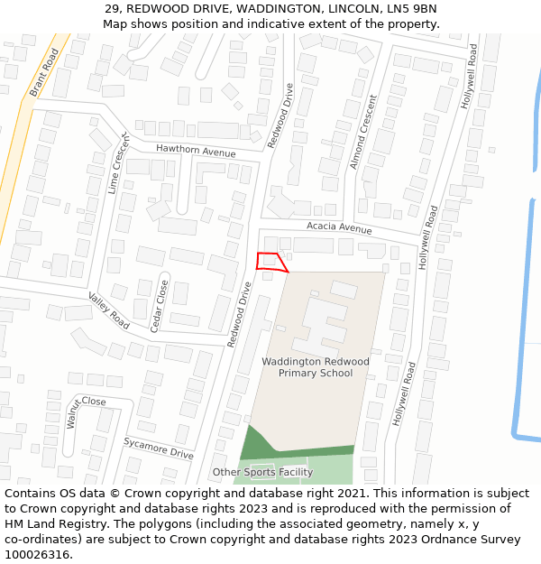 29, REDWOOD DRIVE, WADDINGTON, LINCOLN, LN5 9BN: Location map and indicative extent of plot