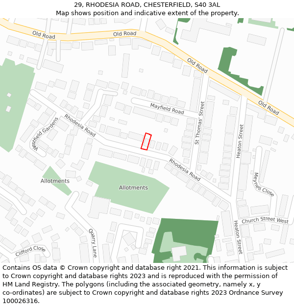29, RHODESIA ROAD, CHESTERFIELD, S40 3AL: Location map and indicative extent of plot
