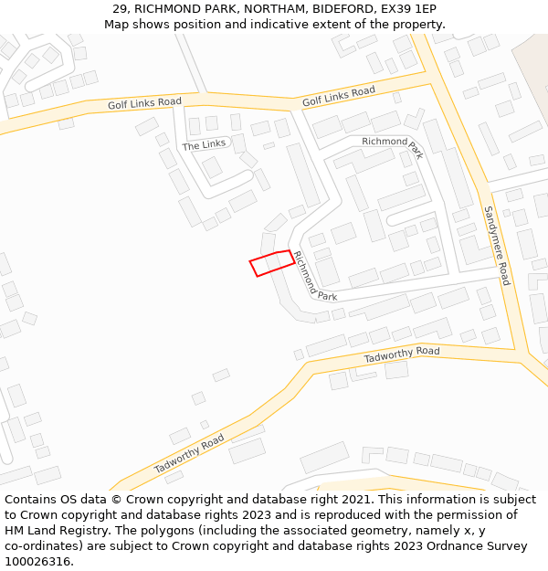 29, RICHMOND PARK, NORTHAM, BIDEFORD, EX39 1EP: Location map and indicative extent of plot