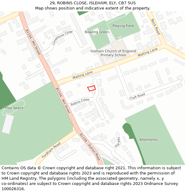 29, ROBINS CLOSE, ISLEHAM, ELY, CB7 5US: Location map and indicative extent of plot