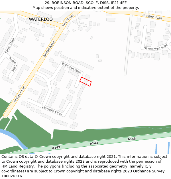 29, ROBINSON ROAD, SCOLE, DISS, IP21 4EF: Location map and indicative extent of plot