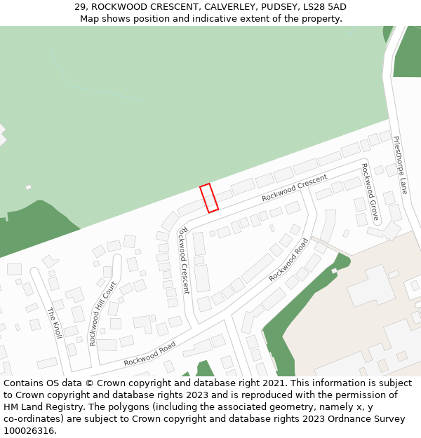 29, ROCKWOOD CRESCENT, CALVERLEY, PUDSEY, LS28 5AD: Location map and indicative extent of plot
