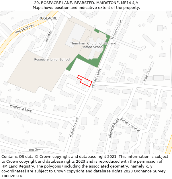 29, ROSEACRE LANE, BEARSTED, MAIDSTONE, ME14 4JA: Location map and indicative extent of plot