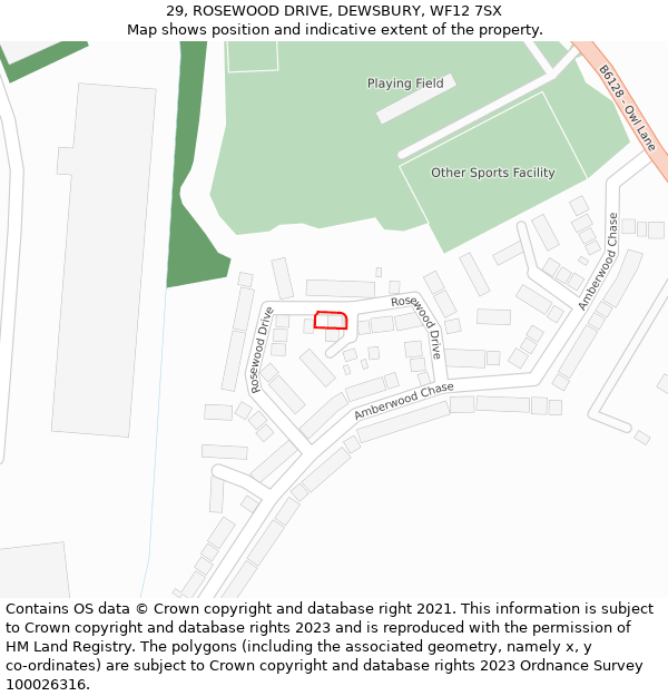 29, ROSEWOOD DRIVE, DEWSBURY, WF12 7SX: Location map and indicative extent of plot