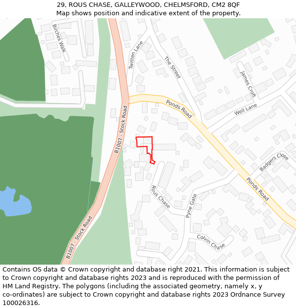 29, ROUS CHASE, GALLEYWOOD, CHELMSFORD, CM2 8QF: Location map and indicative extent of plot