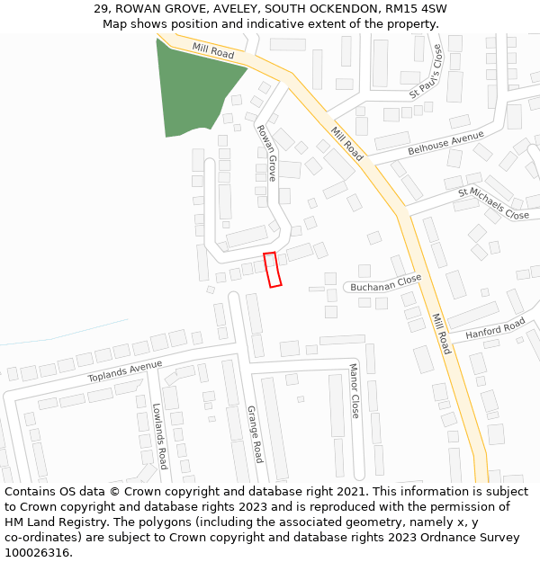 29, ROWAN GROVE, AVELEY, SOUTH OCKENDON, RM15 4SW: Location map and indicative extent of plot