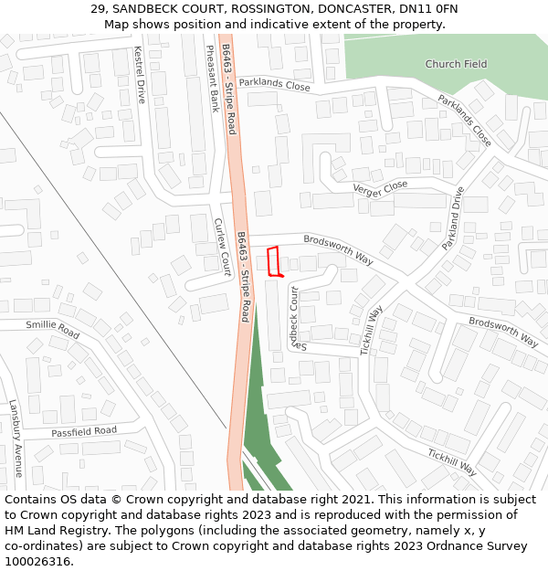 29, SANDBECK COURT, ROSSINGTON, DONCASTER, DN11 0FN: Location map and indicative extent of plot