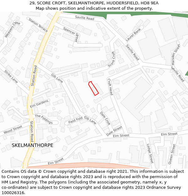 29, SCORE CROFT, SKELMANTHORPE, HUDDERSFIELD, HD8 9EA: Location map and indicative extent of plot