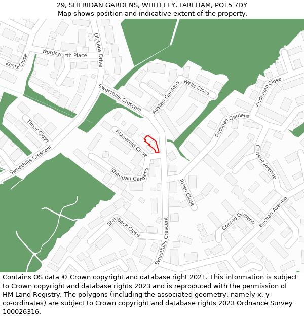 29, SHERIDAN GARDENS, WHITELEY, FAREHAM, PO15 7DY: Location map and indicative extent of plot