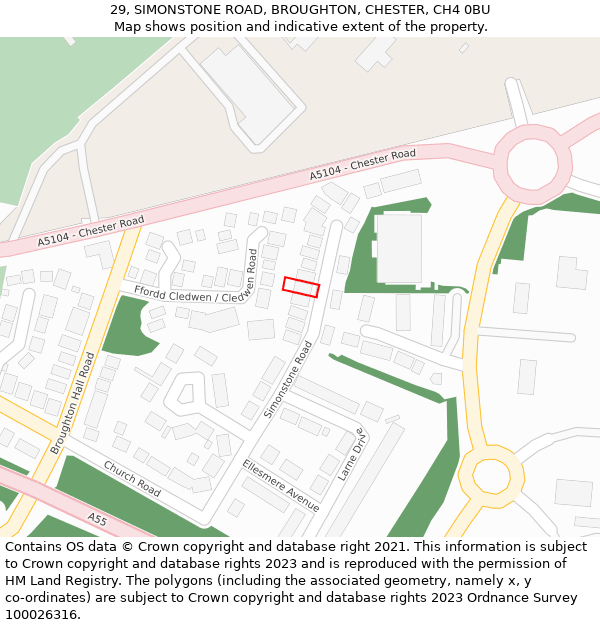 29, SIMONSTONE ROAD, BROUGHTON, CHESTER, CH4 0BU: Location map and indicative extent of plot