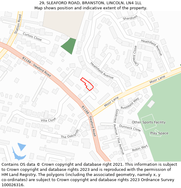 29, SLEAFORD ROAD, BRANSTON, LINCOLN, LN4 1LL: Location map and indicative extent of plot