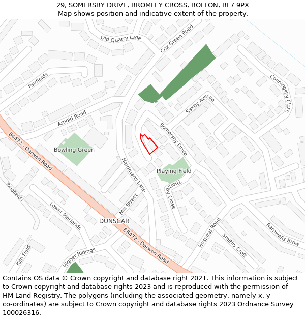 29, SOMERSBY DRIVE, BROMLEY CROSS, BOLTON, BL7 9PX: Location map and indicative extent of plot