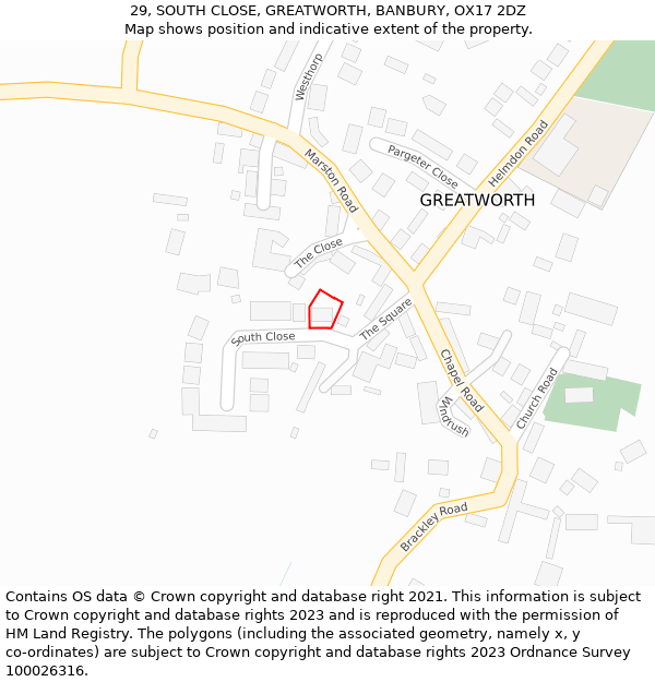 29, SOUTH CLOSE, GREATWORTH, BANBURY, OX17 2DZ: Location map and indicative extent of plot