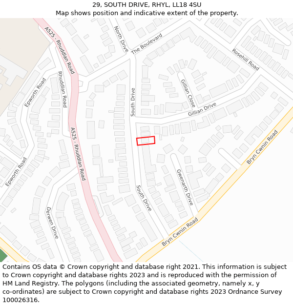 29, SOUTH DRIVE, RHYL, LL18 4SU: Location map and indicative extent of plot