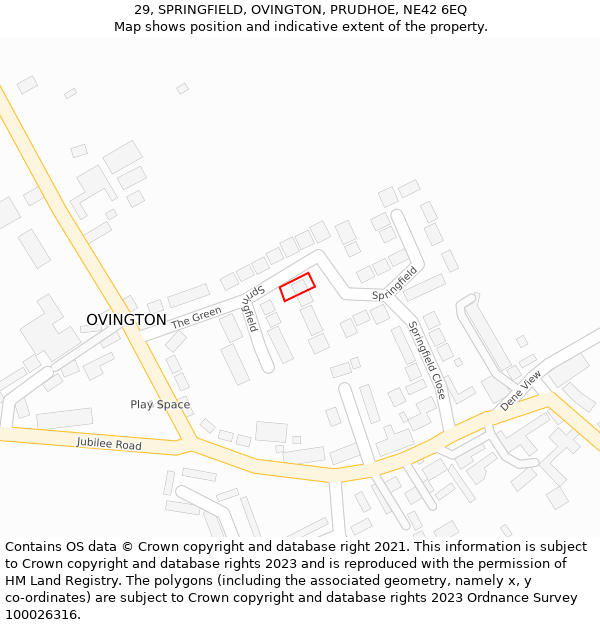 29, SPRINGFIELD, OVINGTON, PRUDHOE, NE42 6EQ: Location map and indicative extent of plot