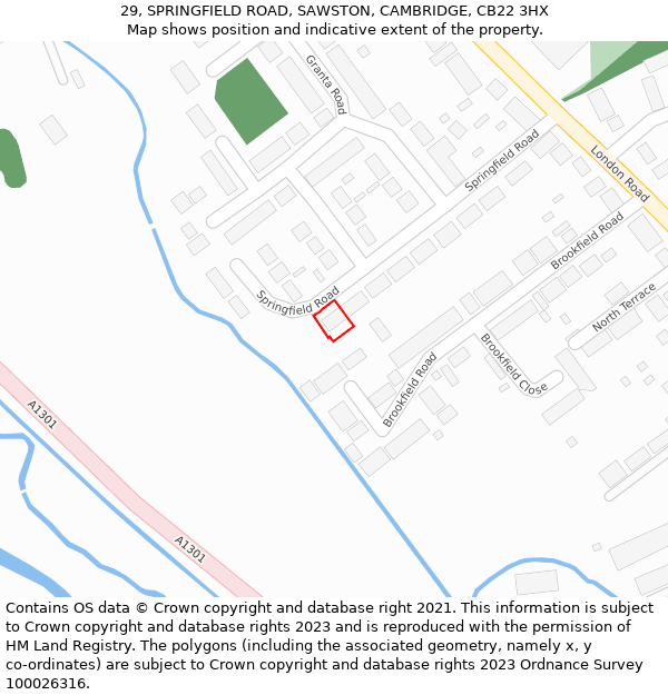 29, SPRINGFIELD ROAD, SAWSTON, CAMBRIDGE, CB22 3HX: Location map and indicative extent of plot