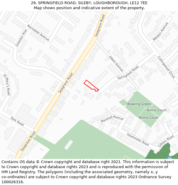 29, SPRINGFIELD ROAD, SILEBY, LOUGHBOROUGH, LE12 7EE: Location map and indicative extent of plot