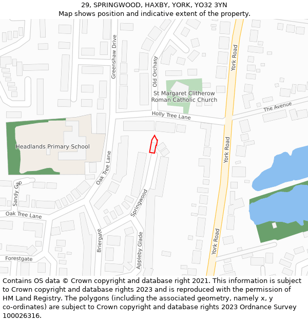 29, SPRINGWOOD, HAXBY, YORK, YO32 3YN: Location map and indicative extent of plot