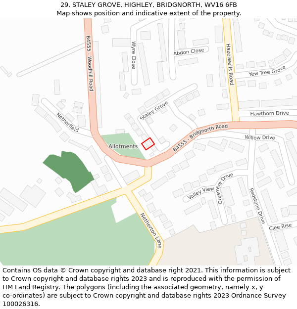 29, STALEY GROVE, HIGHLEY, BRIDGNORTH, WV16 6FB: Location map and indicative extent of plot