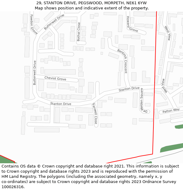 29, STANTON DRIVE, PEGSWOOD, MORPETH, NE61 6YW: Location map and indicative extent of plot