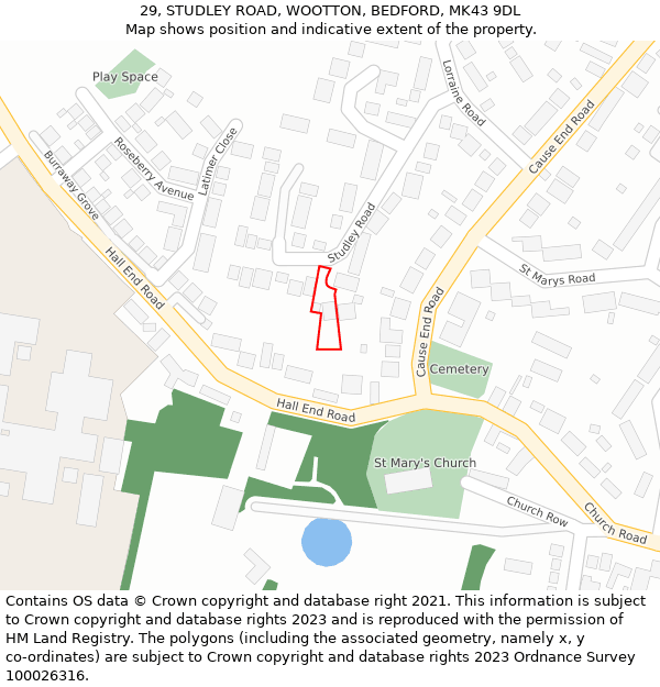 29, STUDLEY ROAD, WOOTTON, BEDFORD, MK43 9DL: Location map and indicative extent of plot