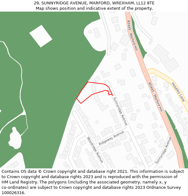 29, SUNNYRIDGE AVENUE, MARFORD, WREXHAM, LL12 8TE: Location map and indicative extent of plot