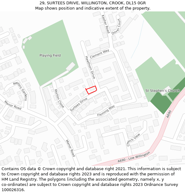 29, SURTEES DRIVE, WILLINGTON, CROOK, DL15 0GR: Location map and indicative extent of plot