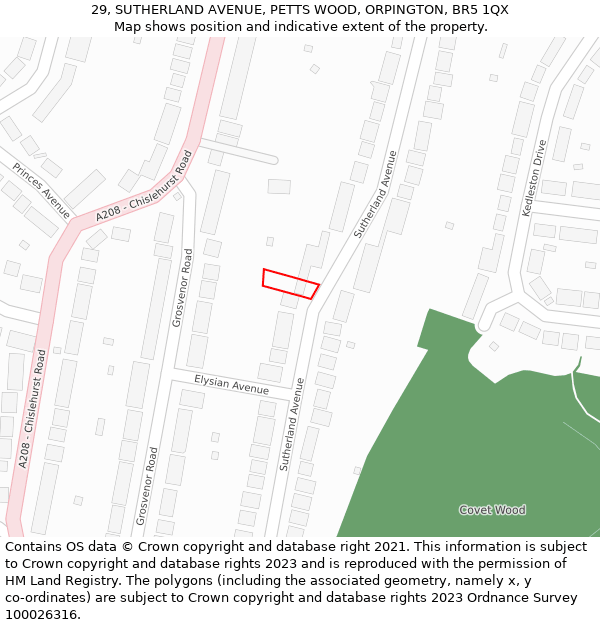29, SUTHERLAND AVENUE, PETTS WOOD, ORPINGTON, BR5 1QX: Location map and indicative extent of plot