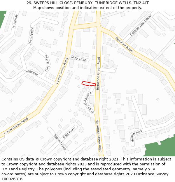 29, SWEEPS HILL CLOSE, PEMBURY, TUNBRIDGE WELLS, TN2 4LT: Location map and indicative extent of plot