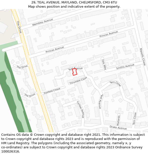 29, TEAL AVENUE, MAYLAND, CHELMSFORD, CM3 6TU: Location map and indicative extent of plot