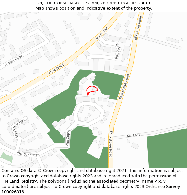 29, THE COPSE, MARTLESHAM, WOODBRIDGE, IP12 4UR: Location map and indicative extent of plot