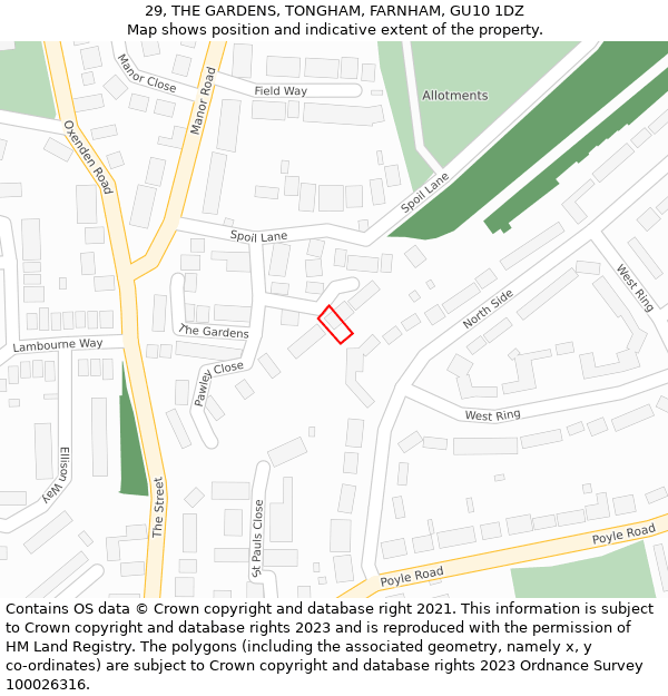 29, THE GARDENS, TONGHAM, FARNHAM, GU10 1DZ: Location map and indicative extent of plot