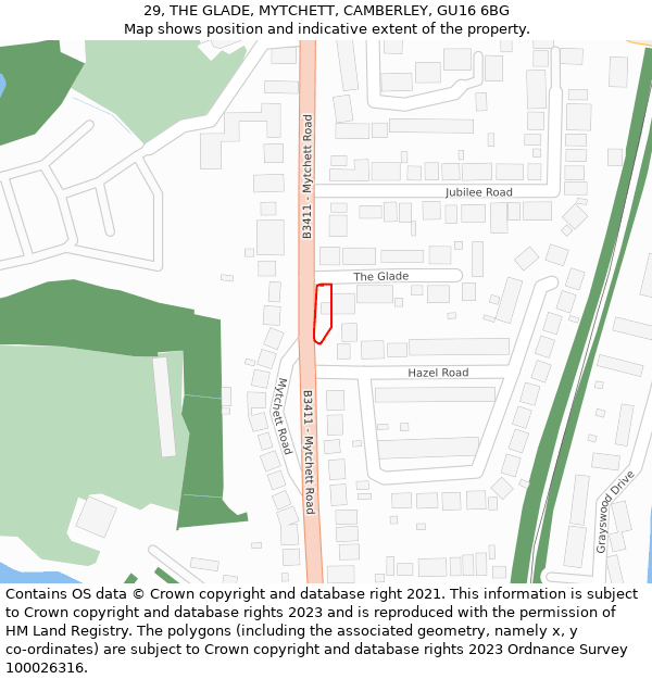 29, THE GLADE, MYTCHETT, CAMBERLEY, GU16 6BG: Location map and indicative extent of plot