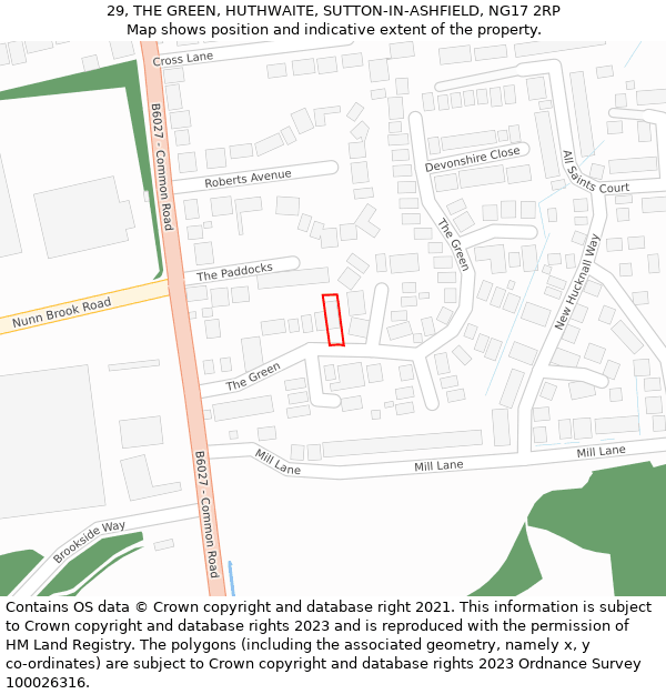 29, THE GREEN, HUTHWAITE, SUTTON-IN-ASHFIELD, NG17 2RP: Location map and indicative extent of plot