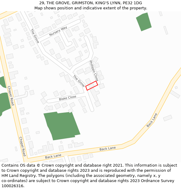 29, THE GROVE, GRIMSTON, KING'S LYNN, PE32 1DG: Location map and indicative extent of plot