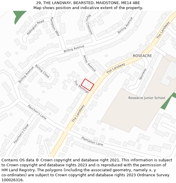 29, THE LANDWAY, BEARSTED, MAIDSTONE, ME14 4BE: Location map and indicative extent of plot