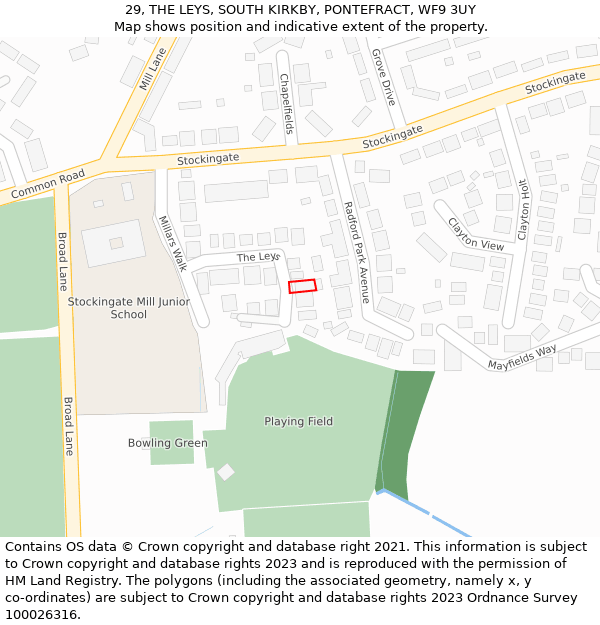 29, THE LEYS, SOUTH KIRKBY, PONTEFRACT, WF9 3UY: Location map and indicative extent of plot