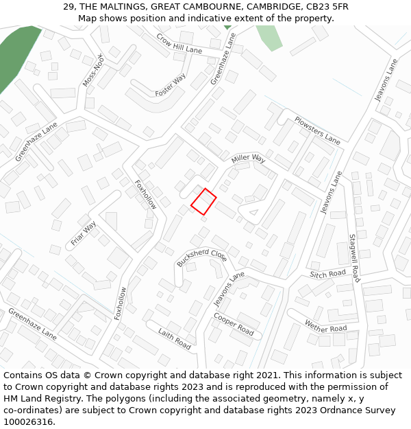 29, THE MALTINGS, GREAT CAMBOURNE, CAMBRIDGE, CB23 5FR: Location map and indicative extent of plot