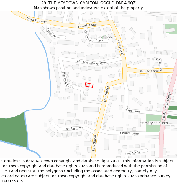 29, THE MEADOWS, CARLTON, GOOLE, DN14 9QZ: Location map and indicative extent of plot